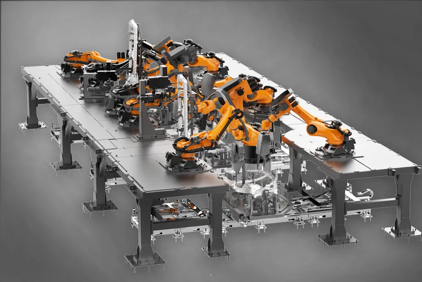 This solution enables flexible, mixed‑model production through a turntable system and rapid fixture‑library changeover. By integrating robotic welding, automated sealing, intelligent handling, and APC‑based process control, the line achieves full automation across all key operations. The system supports random model assembly, enhances production stability, and delivers consistent quality while maximizing efficiency in body‑side manufacturing.